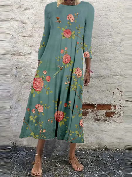 

Floral Regular Fit Casual Crew Neck Long sleeve Dresses, Green, Midi Dresses