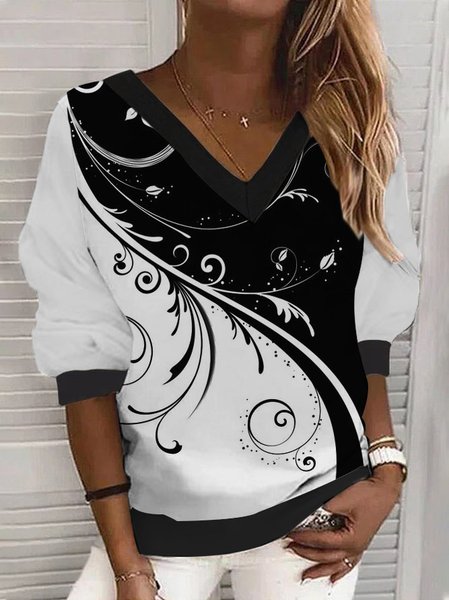 

Casual Contrast Floral V-Neck Loose Knit Sweatshirt, Black, Sweatshirts & Hoodies
