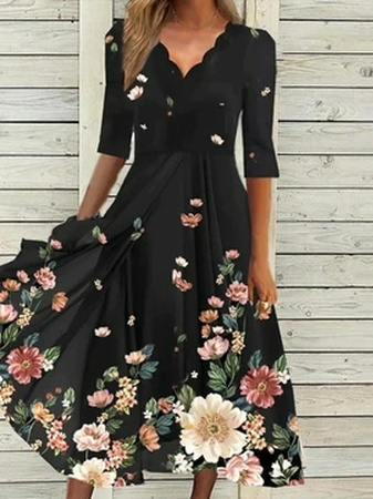 

JFN V Neck Casual Floral Midi Swing Prom Dress, Black, Dresses