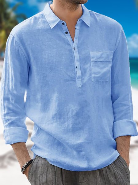

Men's Cotton Linen Plain Long Sleeve Shirt, Blue, Shirts ＆ Blouse