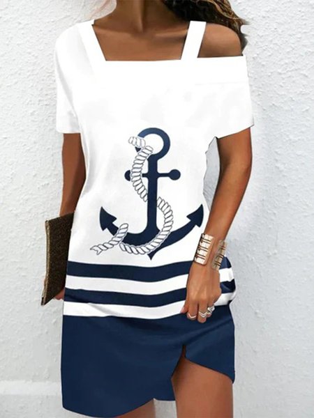 

Women's A Line Dress Short Dress Short Sleeve Anchor Print Summer Cold Shoulder Dress, White, Short