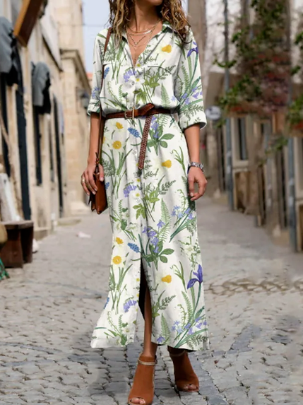 

Casual Regular Fit Floral Shawl Collar Dresses Shirt Dress, White, Midi Dresses