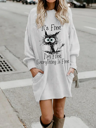 

Casual Cat Cotton-Blend Dresses, White, Dresses