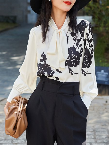 

Elegant Loose Long Sleeve Lace-up Floral Printed Blouse, White, Blouses and Shirts