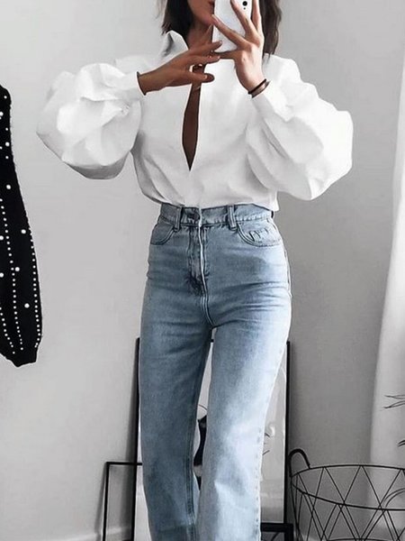

Lantern Sleeve Plain Simple Daily Blouse, White, Blouses and Shirts