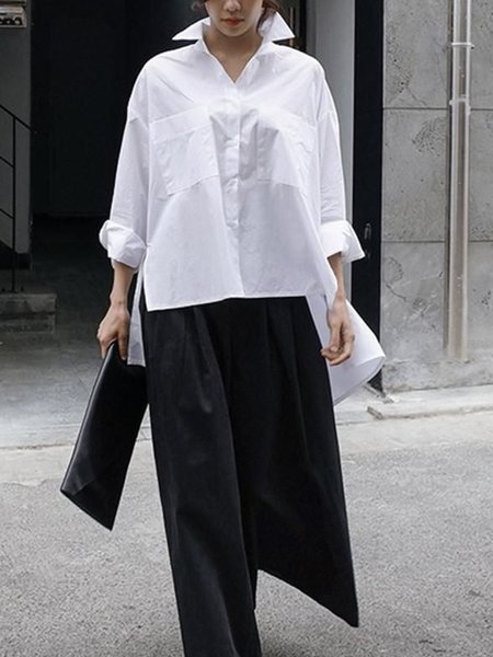 

Daily Long sleeve Urban Plain Shirt Collar Blouse, White, Blouses and Shirts