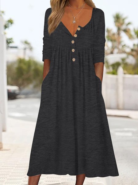 

Cotton mixed plain button simple midi Dress Plus Size, Black-grey, Dresses