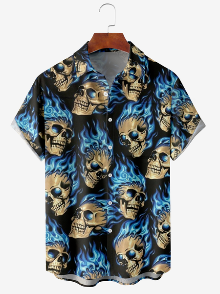 

Men's Halloween Skull Print Moisture Wicking Fabric Fashion Lapel Short Sleeve Shirt, Blue, Short Sleeve Shirts