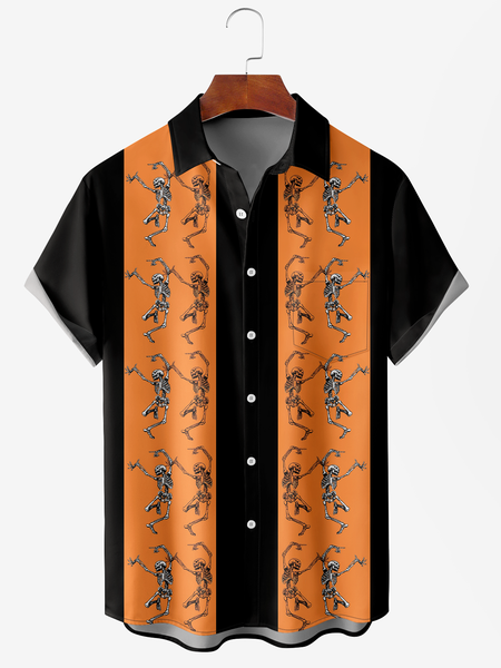Men's Halloween Skull Print Moisture Wicking Fabric Fashion Lapel Short Sleeve Shirts, Black, Short Sleeve Shirts