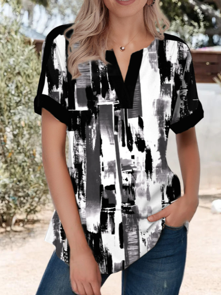 

JFN V Neck Geometric Casual Summer Daily Loose Top, Black, Shirts & Blouses