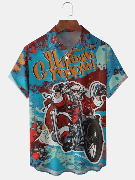 

Men's Santa Print Casual Short Sleeve Shirt with Breast Pocket, Blue, Short Sleeve Shirts