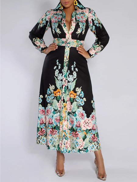 

Floral Shirt Collar Urban Long Sleeve Midi Dress, Multicolor, Midi Dresses