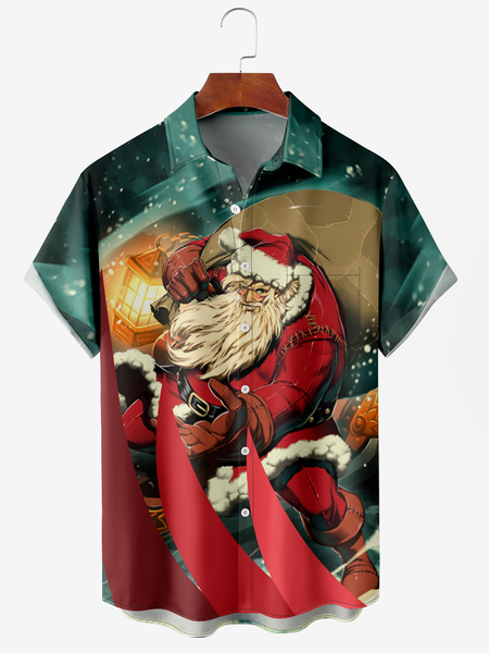 

Men's Santa Print Moisture Wicking Fabric Fashion Lapel Short Sleeve Hawaiian Shirt, Red, Short Sleeve Shirts