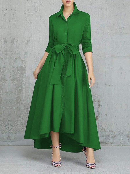 

Elegant Long Sleeve Irregular Plain Shirt Dress, Green, Maxi Dresses