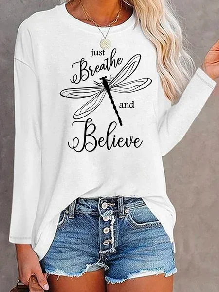 

Casual Dragonfly Graphic Design Crew Neck Knit Long Sleeve T-Shirt, White, T-Shirts