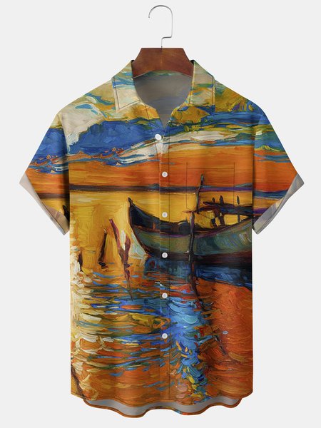 

Men's Landscape Oil Painting Graphic Print Short Sleeve Shirt, Yellow, Short Sleeve Shirts