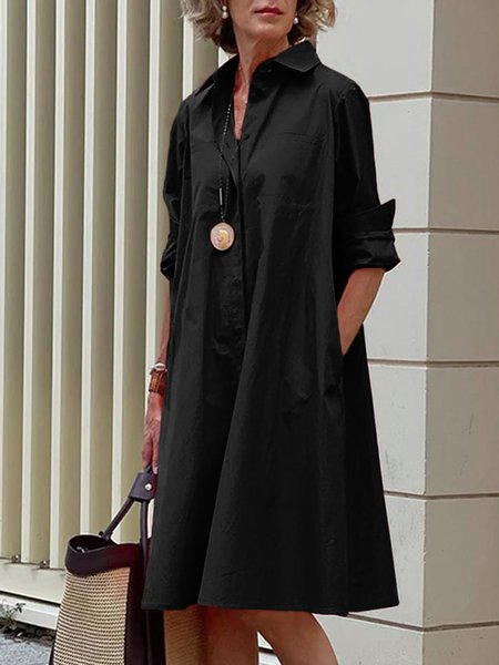 

Shirt Dress Long sleeve Plain Simple Dress, Black, Midi Dresses
