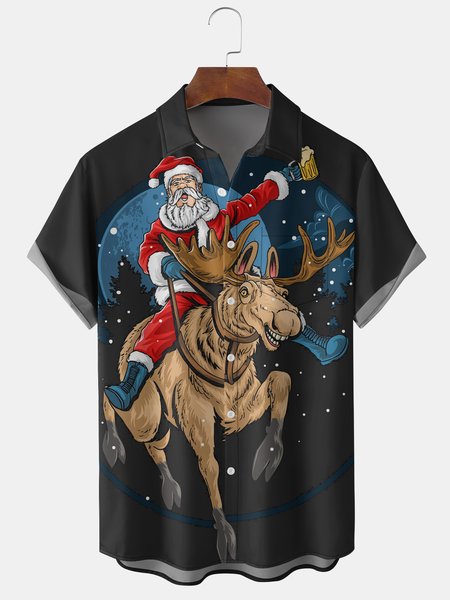 

Men's Christmas Elements Santa Graphic Print Short Sleeve Shirt, Black, Short Sleeve Shirts
