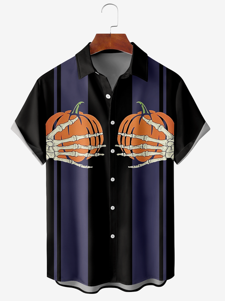 

Men's Halloween Pumpkin Print Moisture Wicking Fabric Fashion Lapel Short Sleeve Shirts, Black, Short Sleeve Shirts