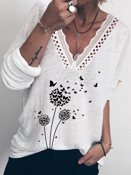

Casual Dandelion V Neck T-Shirt, White, T-Shirts