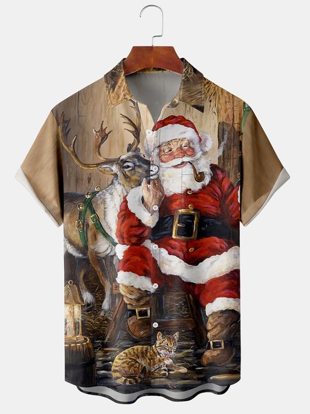 

Mens New Santa Print Casual Short Sleeve Shirt Hawaiian Top, Khaki, Short Sleeve Shirts
