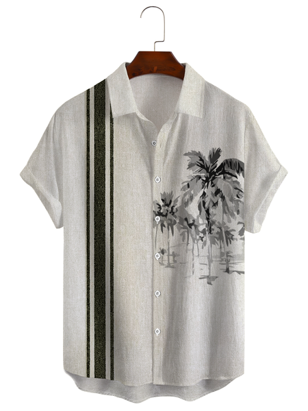 

Cotton and linen style coconut tree print linen shirt, As picture, Short Sleeve Shirts