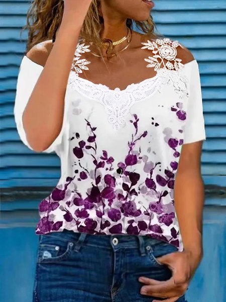 

Women's Casual Floral V Neck Lace Cotton Blends Short Sleeve Top T-shirt, Rose, Blouses