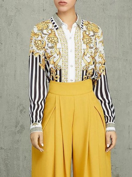 

Striped Shirt Collar Urban Long Sleeve Blouse, Yellow, Blouses and Shirts