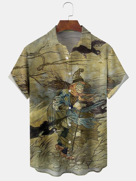 

Men's Halloween Print Short Sleeve Hawaiian Shirt, Khaki, Short Sleeve Shirts