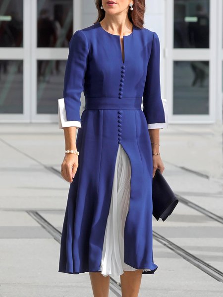 

Elegant V Neck Pleated Split Joint Color Block Three Quarter Dress, Blue, Midi Dresses