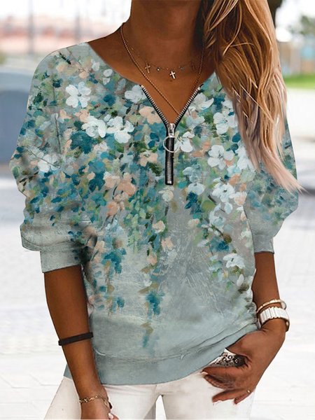 

Holiday gradient flower zipper loose top sweater plus size, Green, Sweatshirts & Hoodies