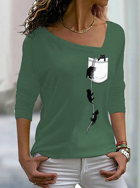 

Casual Cute Cat Pocket Design Knit Long Sleeve T-Shirt, Green, Tops