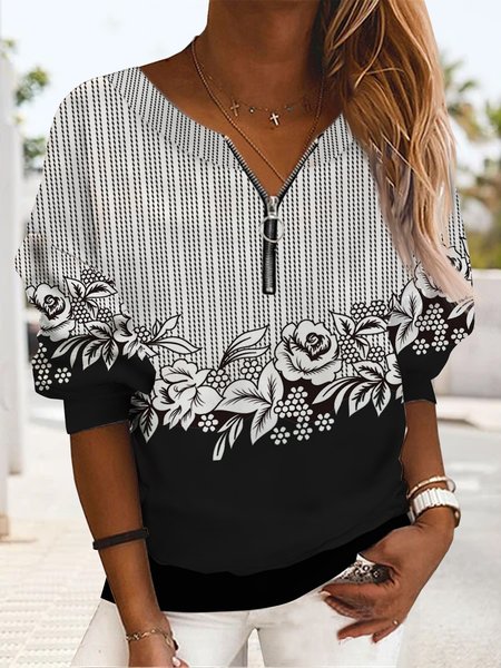 

Color block stripe flower zipper loose top sweater, Black-white, Sweatshirts & Hoodies
