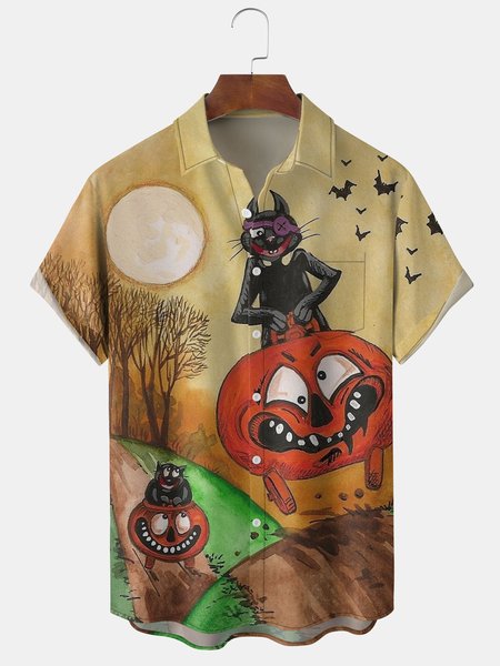 

Men's Halloween Print Casual Short Sleeve Shirt with Chest Pocket, Khaki, Short Sleeve Shirts