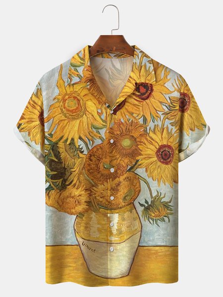 

Mens Vincent Van Gogh Sunflowers Art Painting Print Camp Collar Loose Short Sleeve Funky Hawaiian Shirts, Yellow, Short Sleeve Shirts