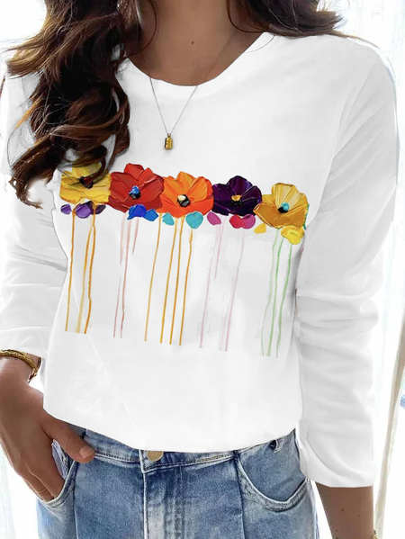 

Crew Neck Floral Casual T-Shirt, White, T-Shirts