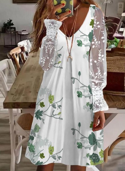 

Floral Cotton-Blend Casual Dresses, White, Mini Dresses