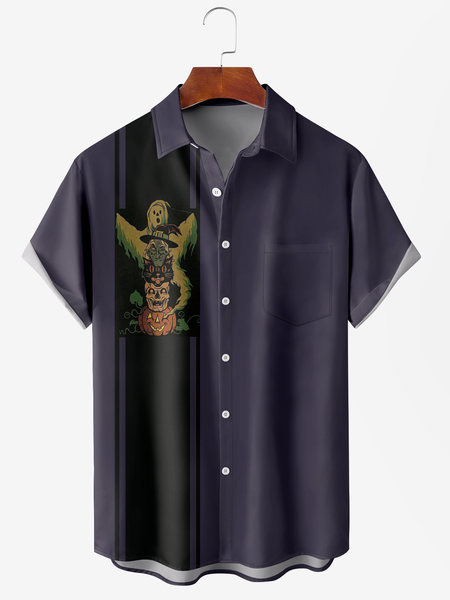 

Men's Halloween Pumpkin Print Moisture Wicking Fabric Fashion Lapel Short Sleeve Shirts, Purple, Short Sleeve Shirts