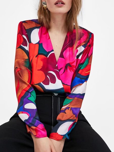 

Loosen Long Sleeve V Neck Daily Blouse, Flower, Blouses and Shirts
