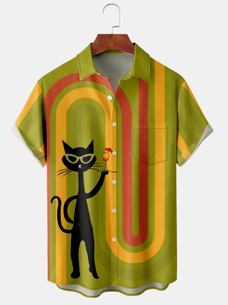 

Casual Art Collection Geometric Color Block Cat Element Pattern Lapel Short Sleeve Chest Pocket Shirt Print Top, Green, Men's Floral shirt