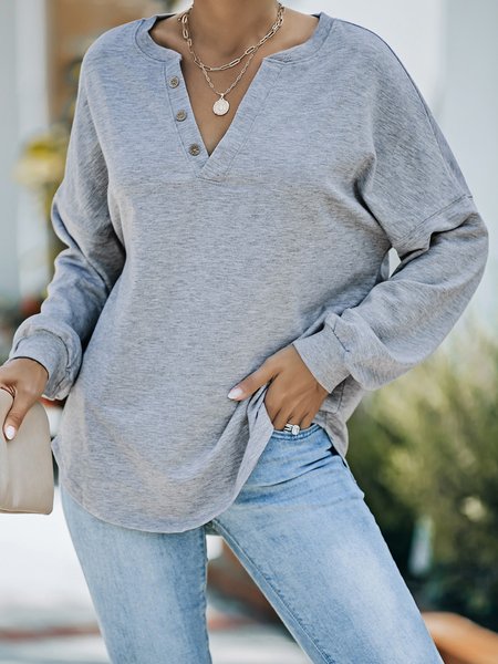 

Plain button loose basic top sweater plus size, Gray, Sweatshirts & Hoodies