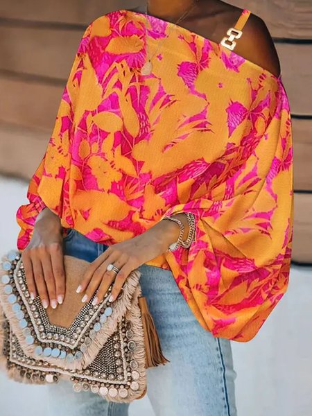 

Orange Daily Floral Elegant Lantern Sleeve Loose Top, Blouses and Shirts