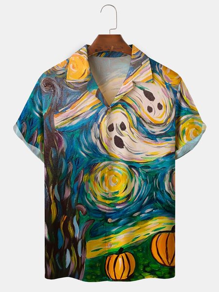 

Mens Halloween Art Painting Print Camp Collar Loose Short Sleeve Funky Hawaiian Shirts, Blue, Short Sleeve Shirts