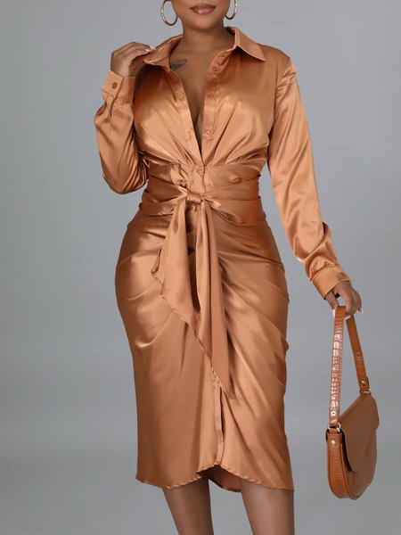 

Regular Fit Shirt Collar Plain Midi Dress, Brown, Midi Dresses