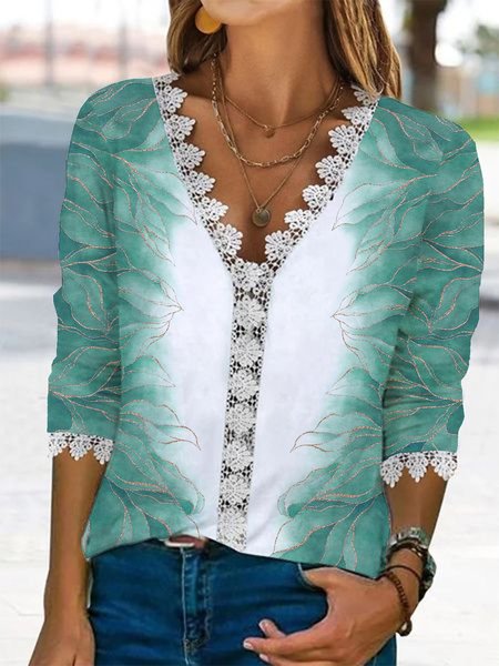 

Ombre Lace V Neck T-Shirt, Green, T-Shirts