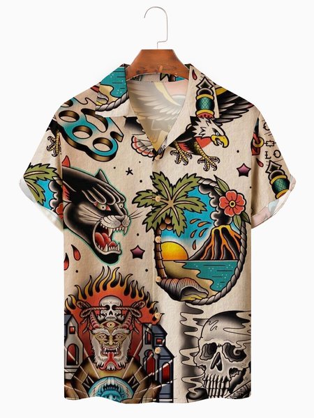 

Mens Hawaiian Art Tattoo Print Camp Collar Loose Short Sleeve Funky Hawaiian Shirt, Khaki, Short Sleeve Shirts