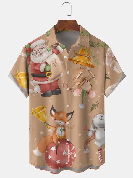 

Men's Christmas Elements Santa Graphic Print Short Sleeve Shirt, Khaki, Short Sleeve Shirts