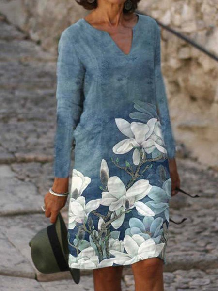 

Casual Floral Design Notched Neck Long Sleeve Dress, Blue, Mini Dresses