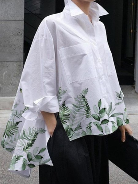 

Casual Daily Leaf Printe Irregular Shirt Collar Blouse, White, Blouses and Shirts