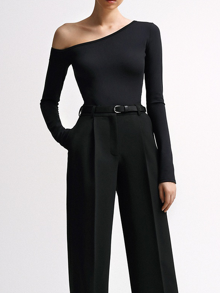 

Autumn H-Line Simple Tight Asymmetrical simple body strapless T-Shirt, Black, Tees